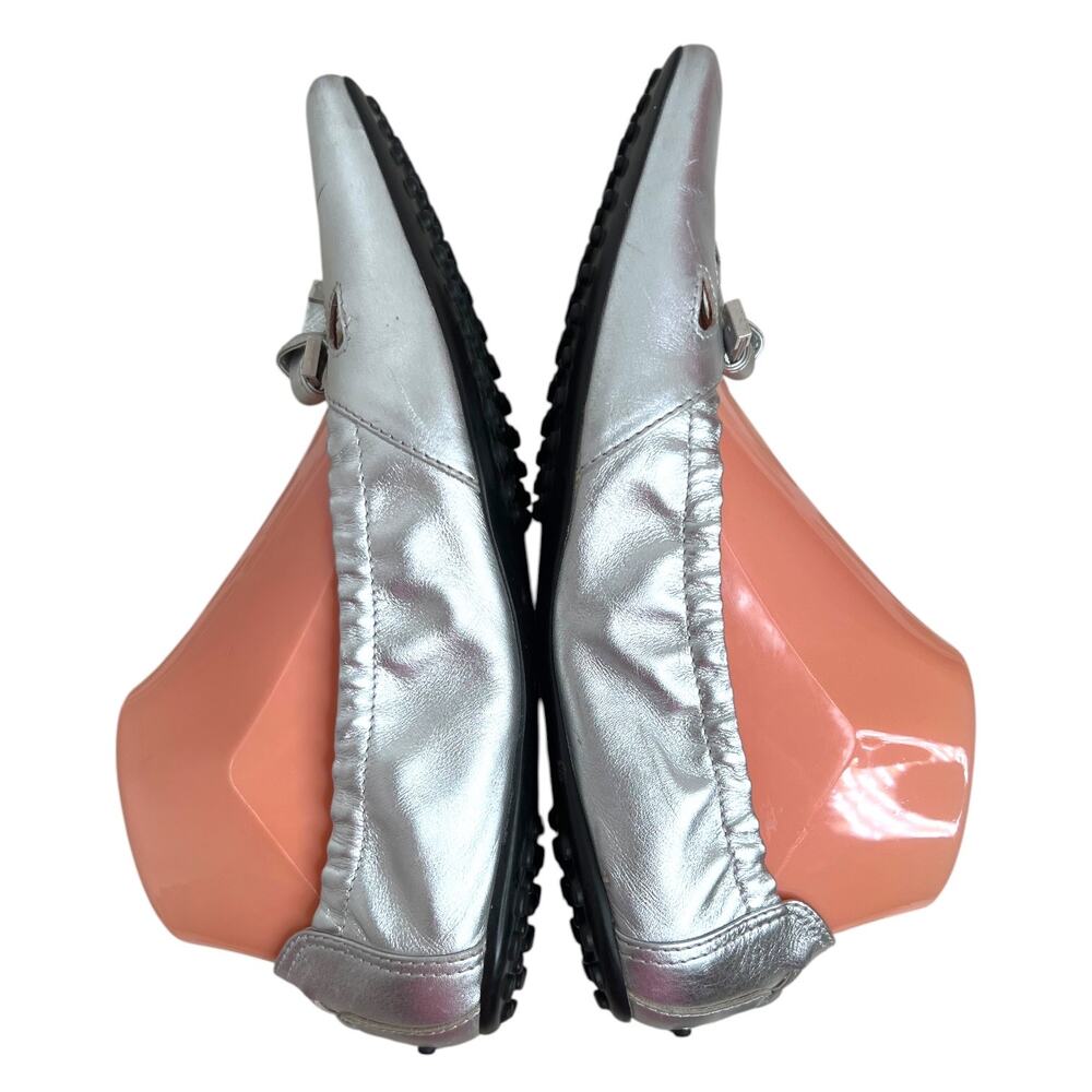 Tod's Metallic Silver Leather Ballet Gommino Flats Bows & Cut-out Women's Size 8 - Picture 7 of 16